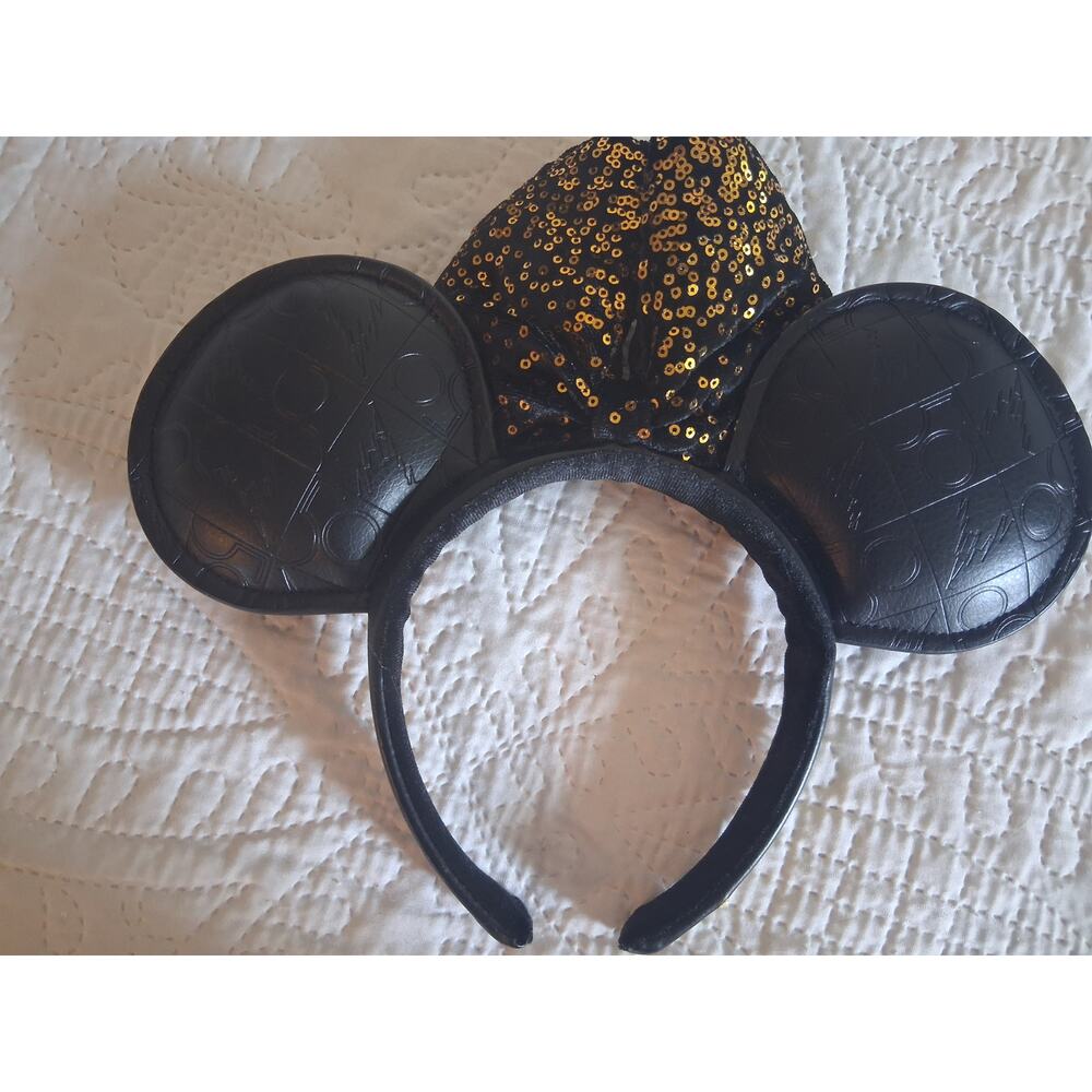Disney Parks Disney World 50th Anniversary black faux leather Minnie Mouse ears.